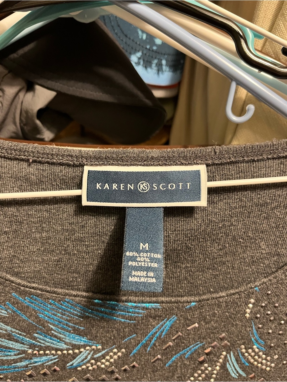 Karen Scott Charcoal Gray Long-Sleeve Top with Teal Feather Motif - Picture 2 of 2
